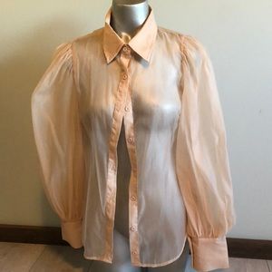 Sheer blush, puffy sleeve button down shirt. Size small.